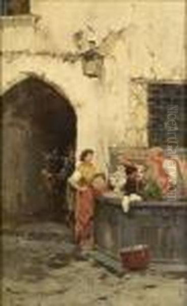 At The Fountain, Amalfi Oil Painting by Pietro Scoppetta