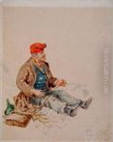 An Italian Peasant Seated On A Bench Lighting A Clay Pipe Oil Painting by Pietro Scoppetta