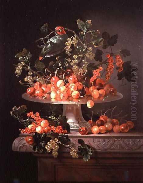 A Still Life of Cherries and Currants with a Parrot Oil Painting by Jan Frans van Son