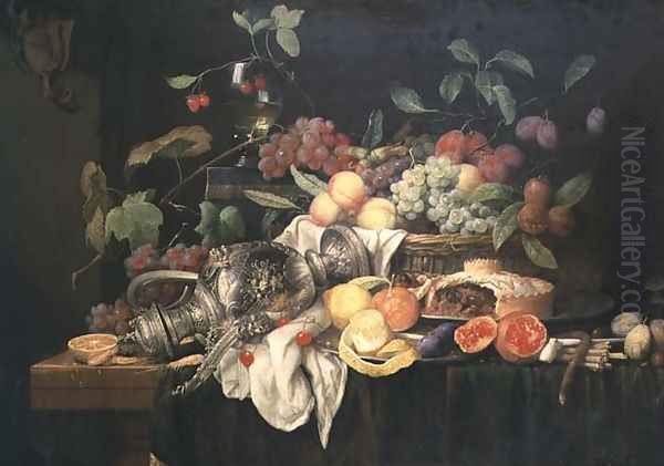 Still Life with pewter flagon, mince pie and fruit Oil Painting by Jan Frans van Son