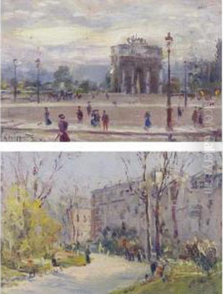 'view Of The Arc De Triomphe' And 'afternoon In The Park': A Pair Oil Painting by Pietro Scoppetta