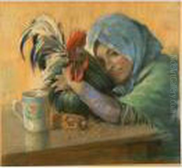 Contadina Con Gallo Oil Painting by Eugenio Scorzelli