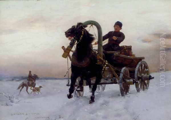 A Trader In A Horse And Cart In The Snow Oil Painting by Stanislaw Ksawery Szykier (Siekierz)