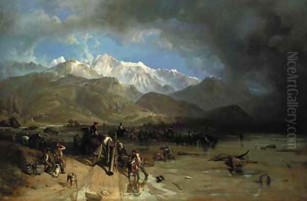 French Troops (1796) fording the Margra - Sarzana and the Carrara Mountains in the distance Oil Painting by William Clarkson Stanfield