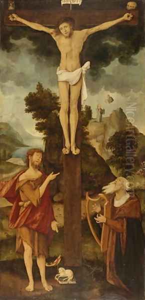 Christ on the Cross with John the Baptist and King David, 1508 Oil Painting by Hans Leonhard Schaufelein