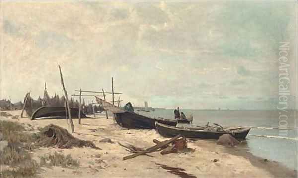 Fisherfolk on the shore Oil Painting by Alexander Georg Schlater