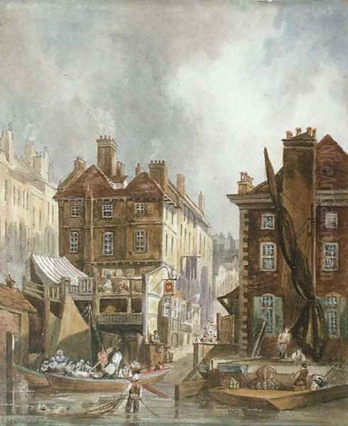 Old Hungerford Market from the river, London, c.1810 Oil Painting by George (Sydney) Shepherd