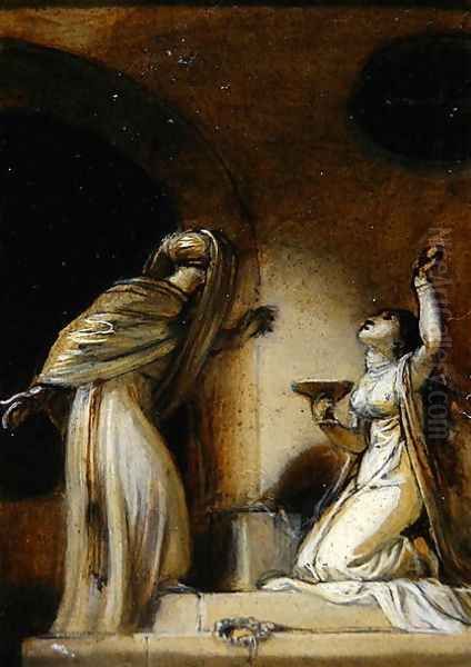 Kneeling female figure with a cup, illustration for an Eastern Romance, possibly The Arabian Nights Oil Painting by Robert Smirke