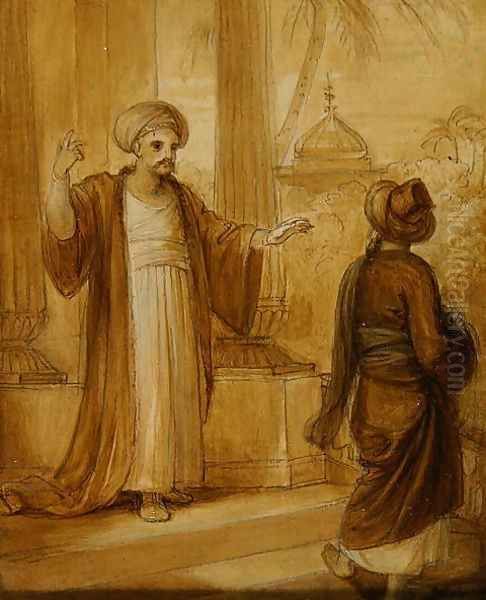 Two male figures standing, illustration from an Eastern Romance, possibly The Arabian Nights Oil Painting by Robert Smirke