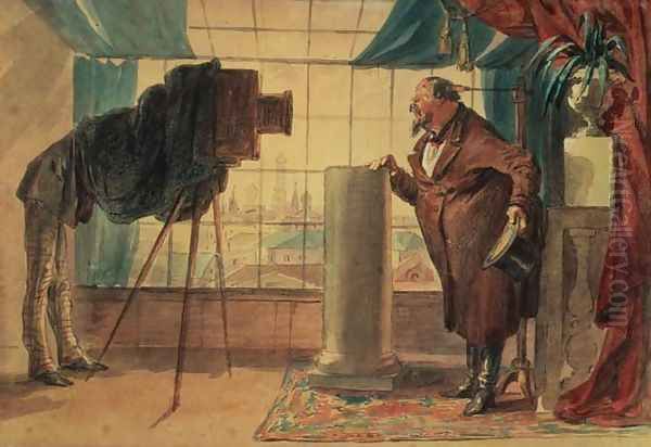 A Businessman at the Photographers Studio, 1860 Oil Painting by Petr Mikhailovich Shmel'kov