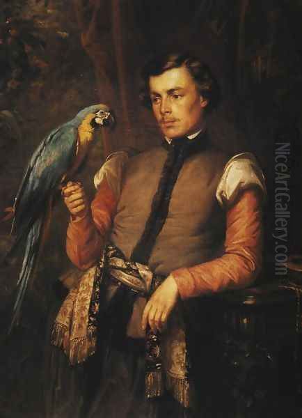 Nobleman with a Parrot Oil Painting by Jozef Simmler