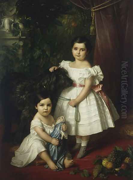 Portrait of Mary Rosa and Rosa Mary Caroline Kronenberg with a Dog Oil Painting by Jozef Simmler