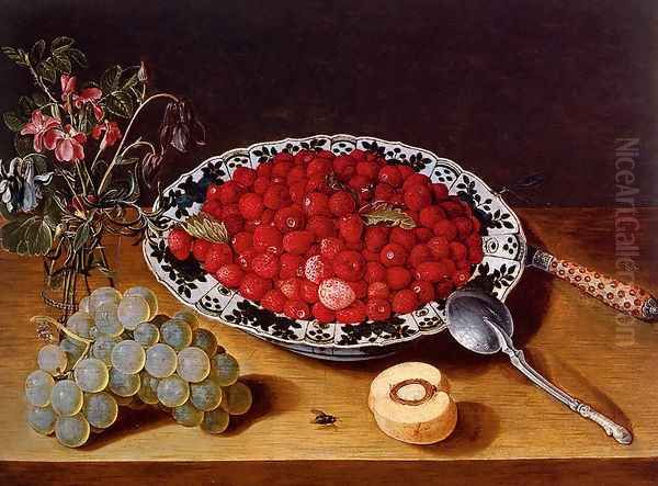 Wild Strawberries In A Wan-Li Kraak Porcelan Bowl With A vase Of Flowers And A Bunch Of Grapes, All Resting On A Wooden Ledge Oil Painting by Isaak Soreau