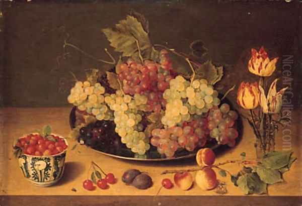 Bunches of grapes and vine leaves on a pewter platte Oil Painting by Isaak Soreau