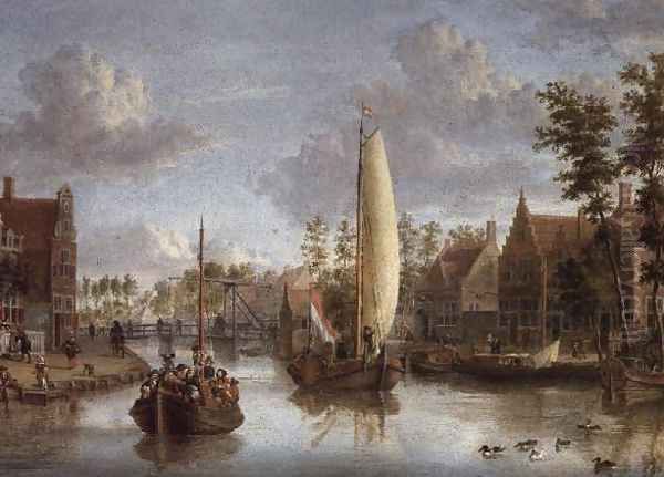 A Canal with barges Oil Painting by Jacobus Storck