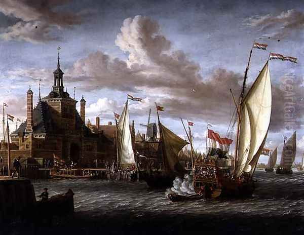 A Zeeland States Yacht Firing a Salute off the Dude Hoofdpoort, Rotterdam Oil Painting by Jacobus Storck