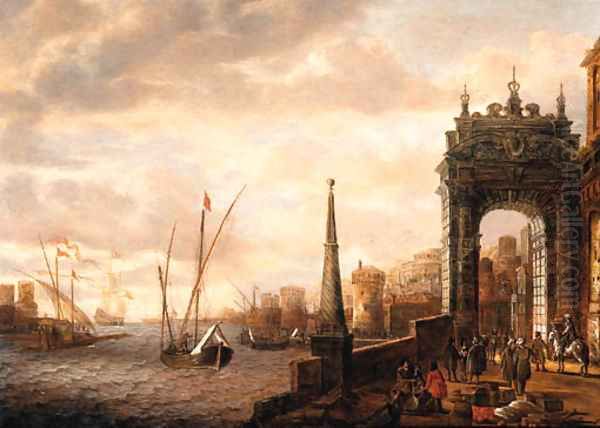 A Capriccio of a Mediterranean harbour with merchants and travellers on a quay by a gate, galleys and other shipping beyond Oil Painting by Jacobus Storck