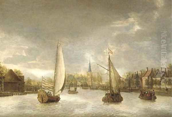 A town on the Vecht with a yacht, a ferry and other boats Oil Painting by Jacobus Storck