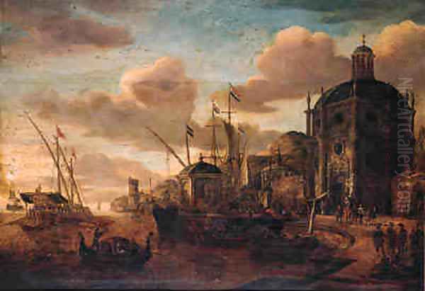 A Capriccio of a Mediterranean harbour with moored vessels by a quay, a galley at anchor beyond Oil Painting by Jacobus Storck