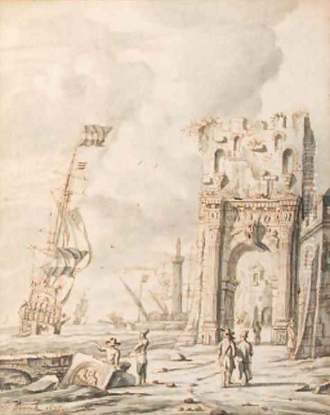 A Mediterranean harbour scene with figures by a gate, a Dutch man o'war nearby Oil Painting by Jacobus Storck