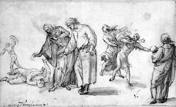 A Wounded Boy Attended By A Woman And A Man, With Figures Fleeing Oil Painting by Ventura Salimbeni