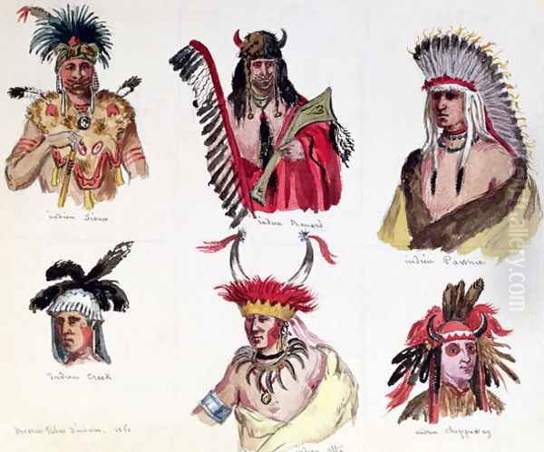 Portraits of Six American Indians from the Sioux, Renard, Pawnee, Creek, Otto and Chippewa Tribes, 1861 Oil Painting by Baron Dudevant Jean Francois Maurice Sand