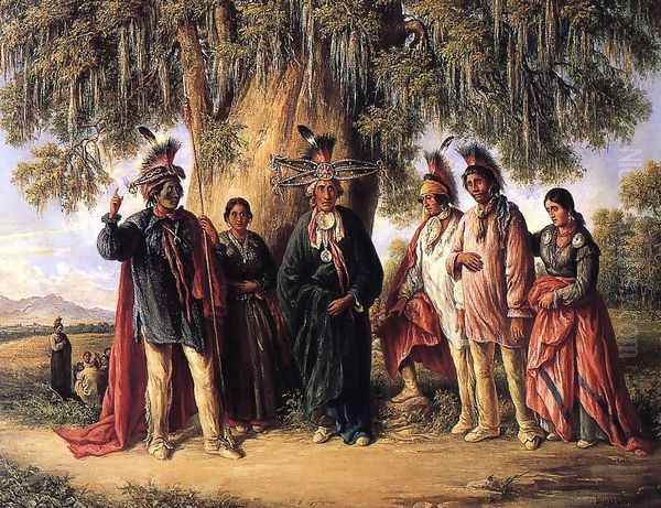 Six Kickapoo Indians, Chief and Family Oil Painting by August Theodor Schoefft