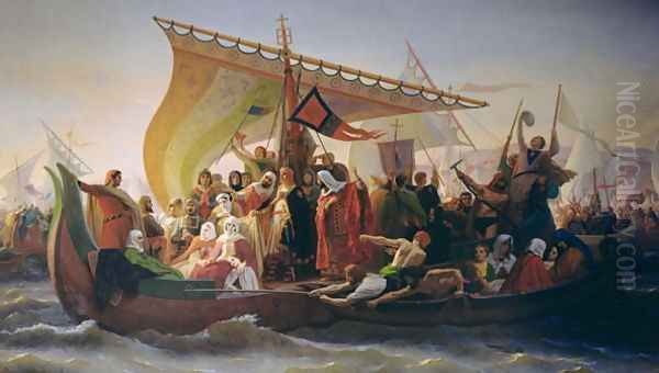 The Crossing of the Bosphorus by Godfrey of Bouillon c.1060-1100 and his Brother, Baldwin, in 1097, 1854 Oil Painting by Emile Signol