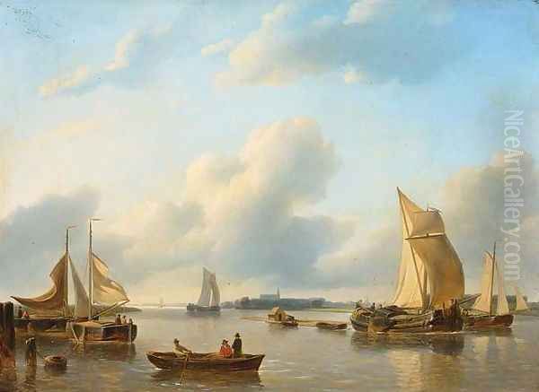 River Landscape with Sailing Vessels Oil Painting by Petrus Jan Schotel