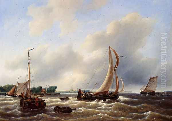 Sailing Vessels On The Zuiderzee Oil Painting by Petrus Jan Schotel