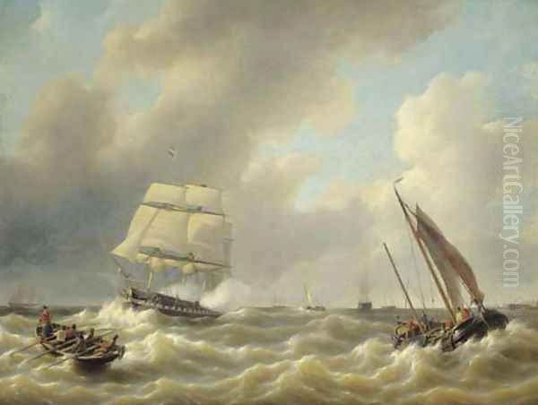 A three-master on a choppy sea Oil Painting by Petrus Jan Schotel