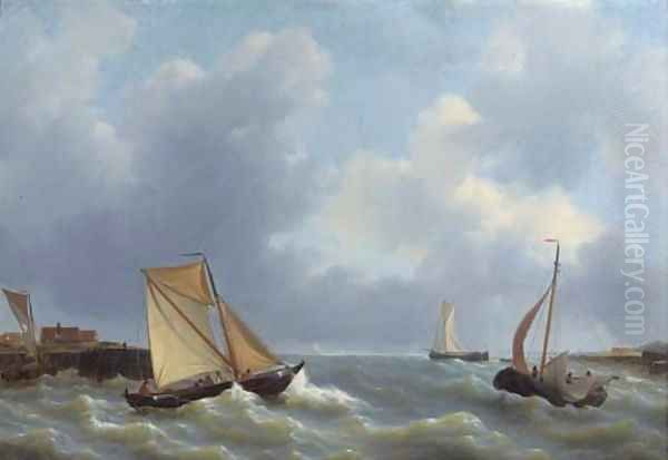 Busy shipping by a jetty Oil Painting by Petrus Jan Schotel