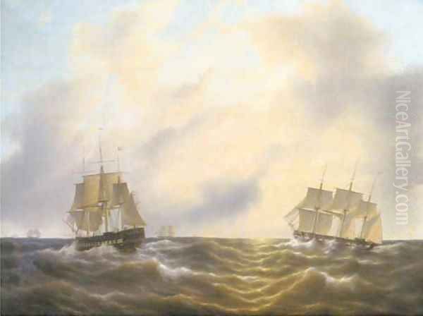 Three-masters in open water Oil Painting by Petrus Jan Schotel