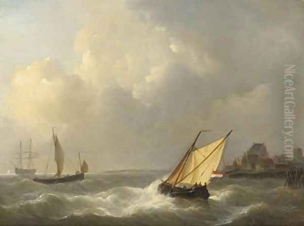 Sailing vessels off the coast on choppy waters Oil Painting by Petrus Jan Schotel