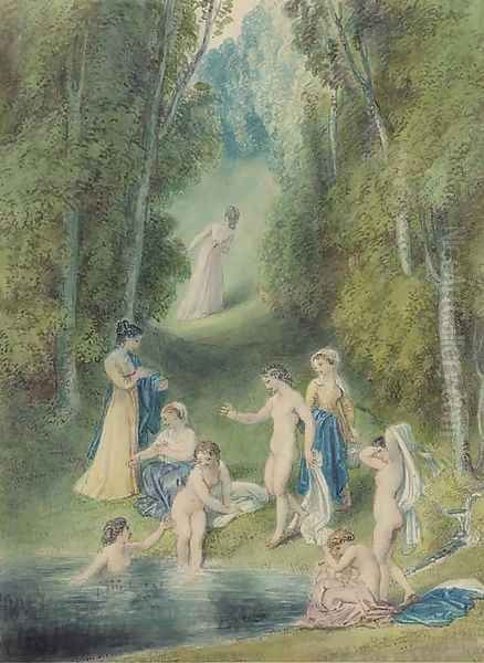 Girls bathing in a forest glade Oil Painting by Thomas Stothard