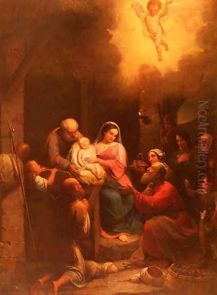 La Vista De' Pastori Al Bambino Gesu Nel Presepio (The Presentation of the Shepherds to the Christ Child in the Stable) Oil Painting by Natale Schiavoni