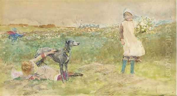 Children playing playing with a greyhound at the edge of a meadow Oil Painting by Lionel Percy Smythe