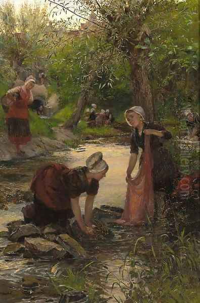 Brittany girls washing in a stream Oil Painting by Lionel Percy Smythe