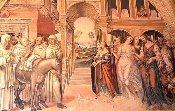 Florent sends loose women to the monastery, from the Life of St. Benedict, 1497-98 Oil Painting by L. & Sodoma Signorelli