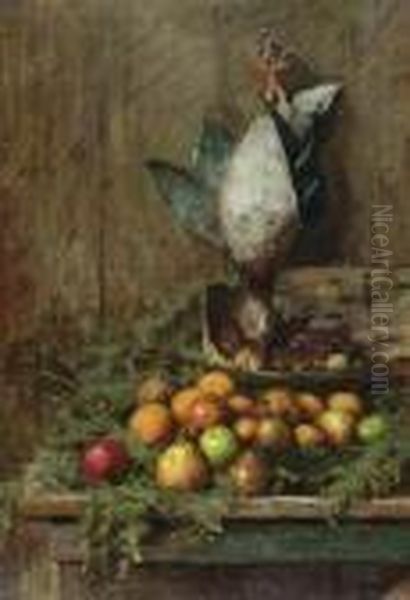 Still Life With Fruits And Bird. 1883. Oil Painting by Giovanni Segantini