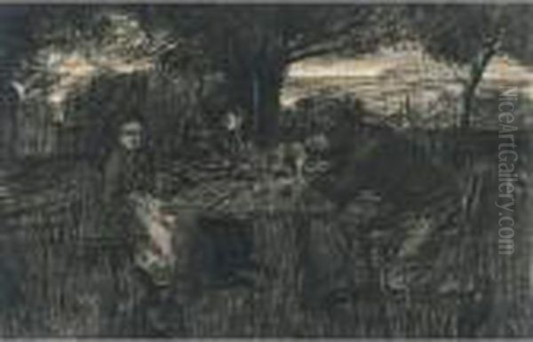 Una Piccola Compagnia In Giardino Oil Painting by Giovanni Segantini