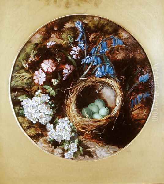 A Still Life with Birds Nest, Blossom and Bluebells Oil Painting by Henry Stanier