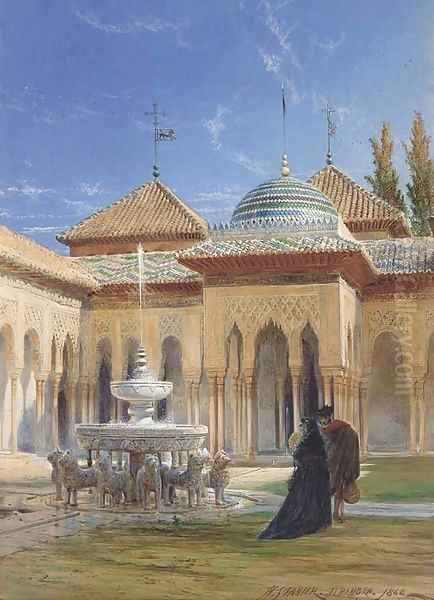 Figures in the courtyard of the Alhambra, Granada Oil Painting by Henry Stanier