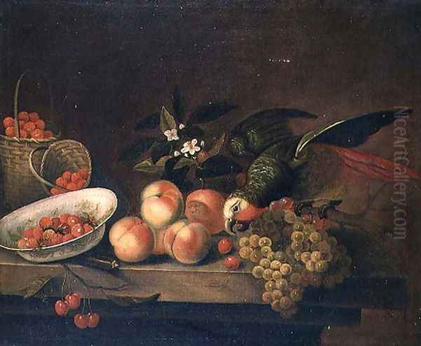 A still life of strawberries, raspberries and peaches with a parrot eating cherries Oil Painting by William Sartorius