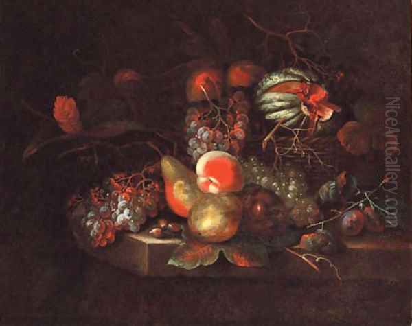 Grapes, pears, peaches, and a melon in a basket, on a stone ledge Oil Painting by William Sartorius