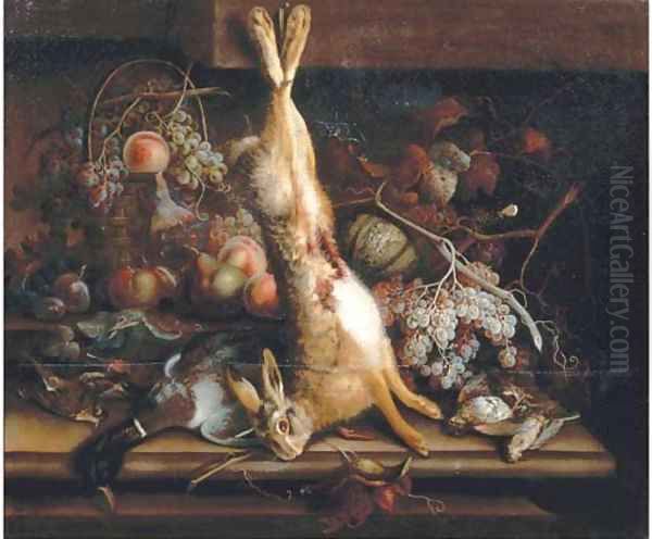 Still life of game and fruits on a stone ledge Oil Painting by William Sartorius