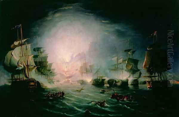 The Blowing up of the French Commanders Ship LOrient at the Battle of the Nile, 1798 Oil Painting by John Thomas Serres