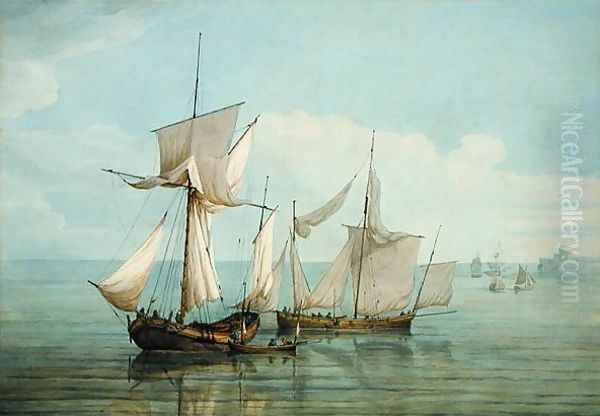 A Hoy and a Lugger with other Shipping on a Calm Sea by John Thomas Serres