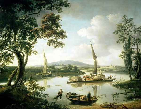 View of the Thames from Keen Edge Ferry, Shillingford - Looking across to Dorchester and the Sinodun Hills, 1823 Oil Painting by John Thomas Serres