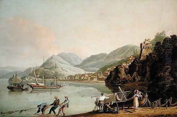 An Italian Harbour with a Genoese Chebec at Anchor Oil Painting by John Thomas Serres